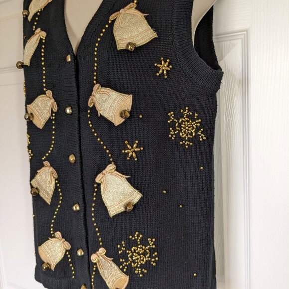 Reference Point Christmas Vest, Black, Gold appliques & beads, Jingling bells! - Picture 9 of 15